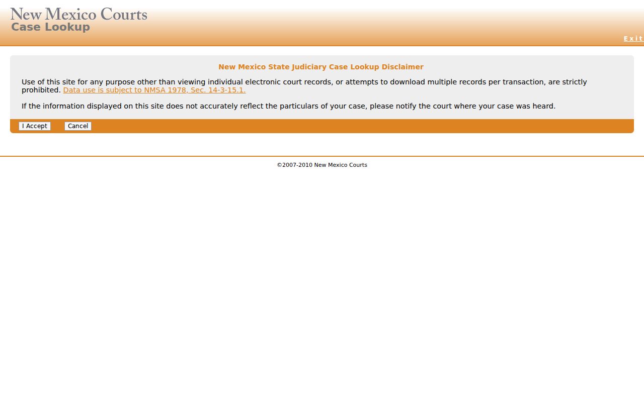 Colfax County case search source showing the New Mexico Case Lookup public portal