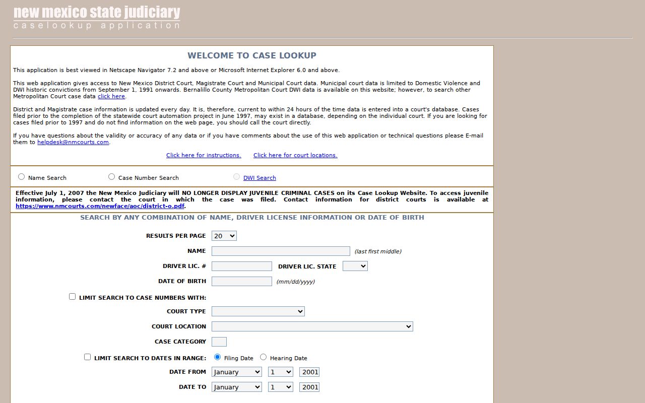 Colfax County case search instructions showing Case Lookup tabs and filters