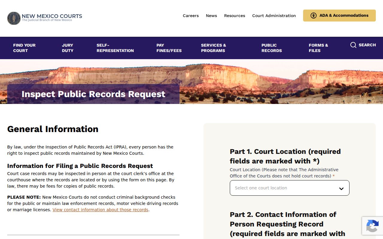 Colfax County case search fallback showing the New Mexico IPRA court-record request portal