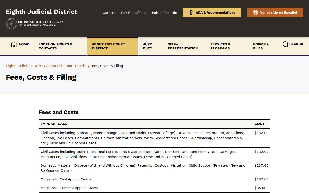 Colfax County civil dockets and Eighth Judicial District copy and filing fee information