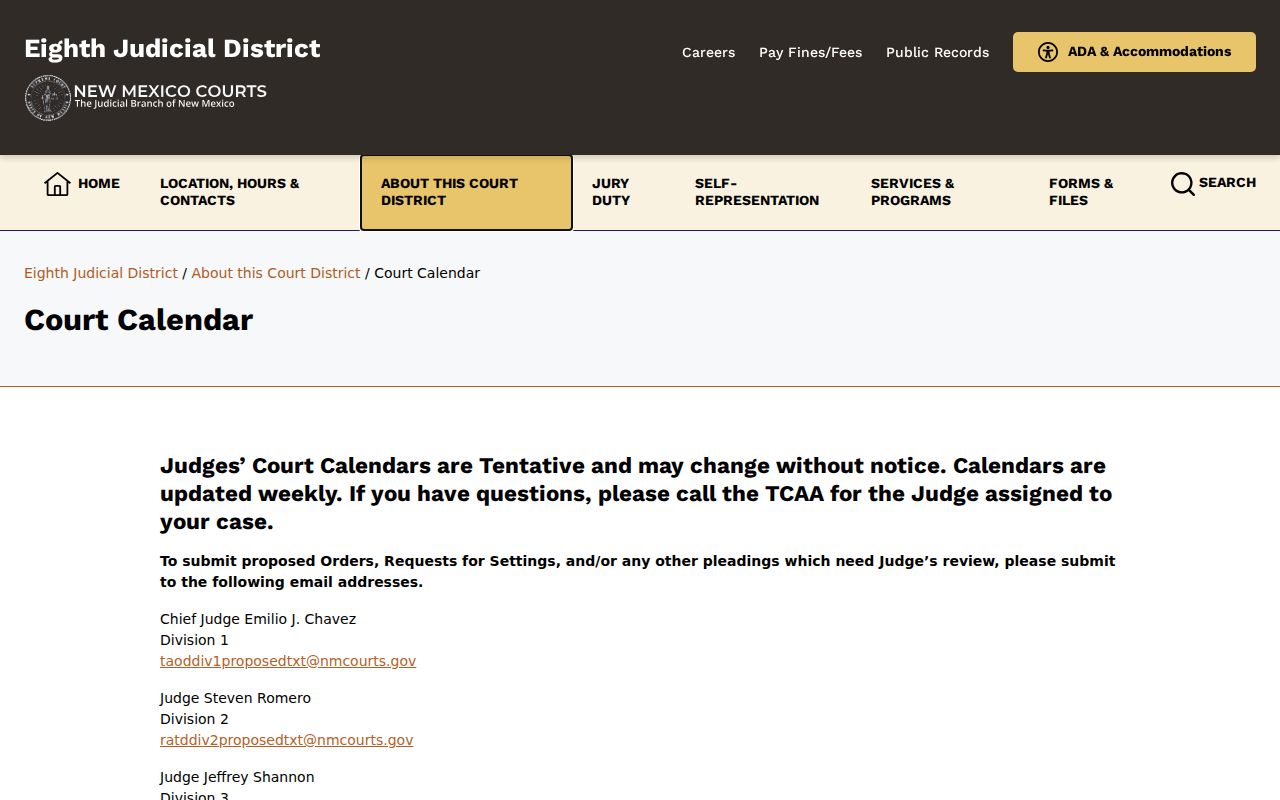Colfax County court calendar showing the Eighth Judicial District tentative calendar source