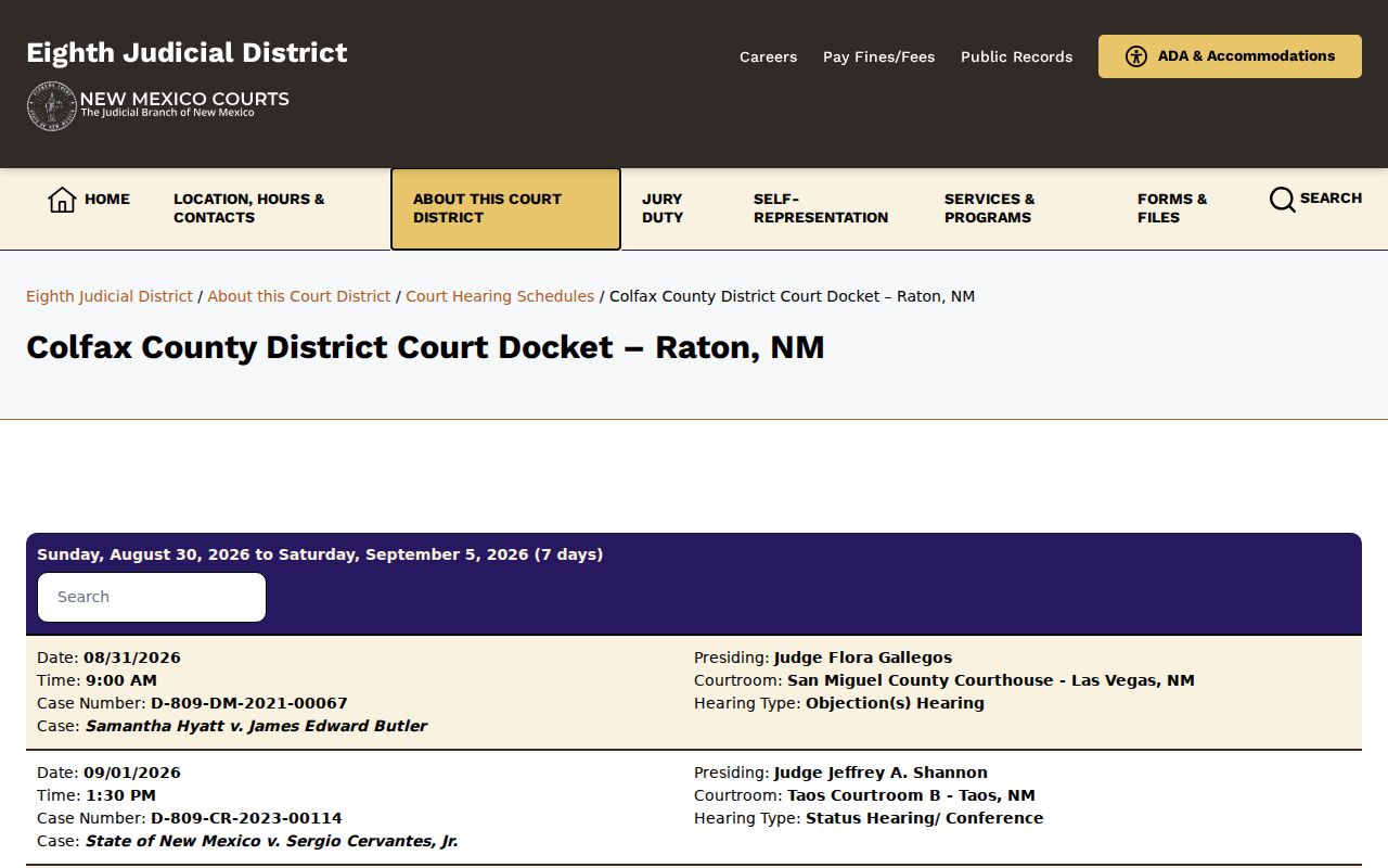 Colfax County court docket landing page for the Eighth Judicial District